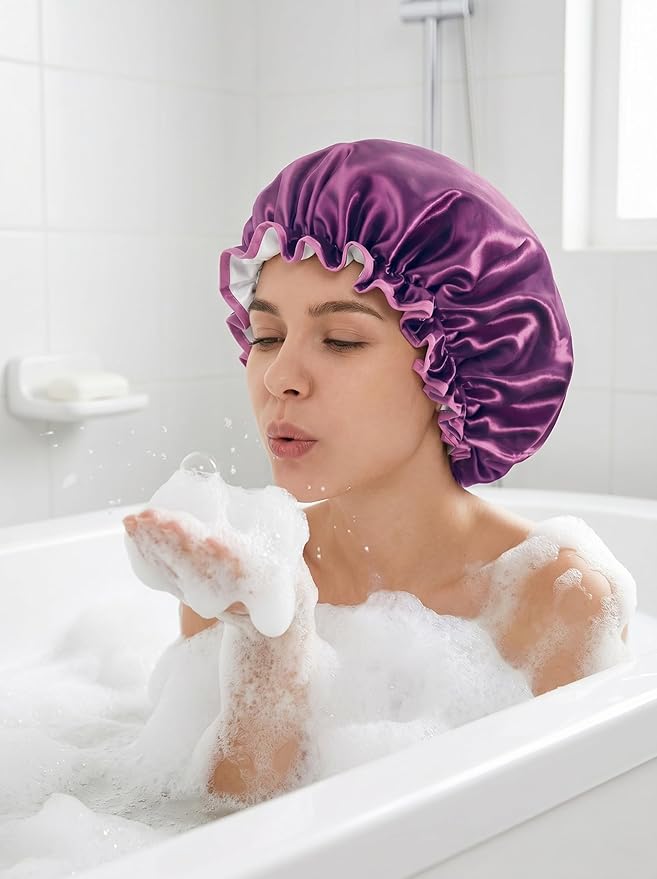 Aquior Shower Caps, Reusable Shower Cap for Women, Double Layer Waterproof Hair Cap, Large Size for All Hair Lengths,for Girls Spa Home Salon Use (purple)