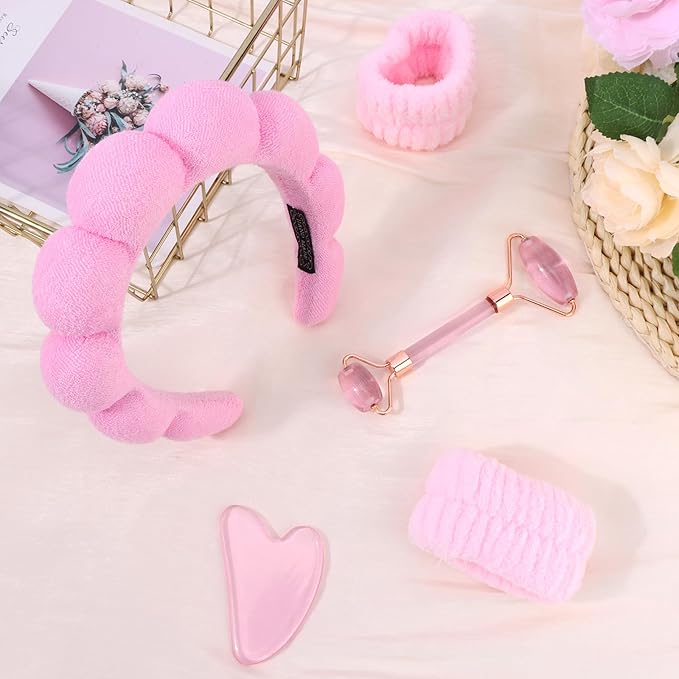 Chanaco Spa Headband and Wristbands for Women Skincare Headband for Washing Face Gua Sha & Jade Roller Facial Tools Pink Makeup Fash Wash Hairband Teen Girl Gifts Trendy Stuff