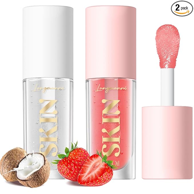 LANGMANNI Lip Oil,No-Sticky Gloss Lip Balm Lip Care,Fruit Flavoured Lip Oil For Dry Lip's Moisturizing Hydrating And Nourishing (Strawberry+Coco)