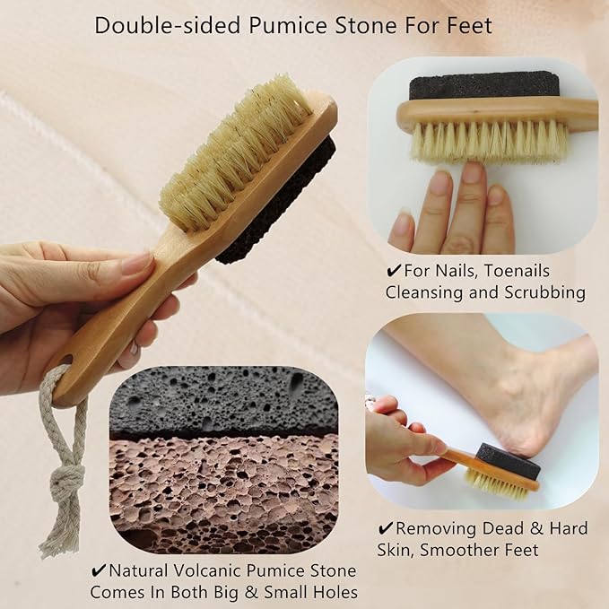 Natural Lava Pumice Stone for Feet with Foot Brush, Callus Remover Foot Scrubber Exfoliator Pedicure Tools for Hard Dead Skin, Softer & Smoother Feet, Double Sided Boar Bristles Wooden Handle