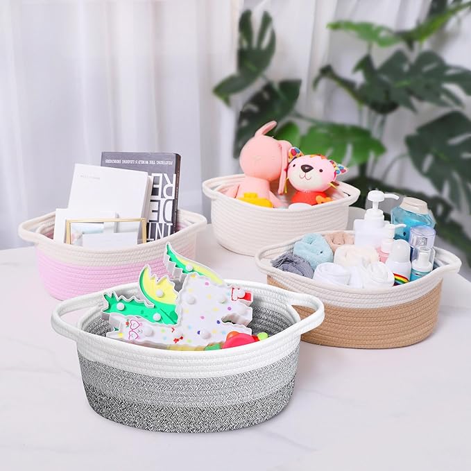 ABenkle Small Basket with Handles - Decorative Durable Rope Woven Storage Bin Shelf Storage Organizer Cube, Easter Baby Gift Basket, 12"x8"x5"