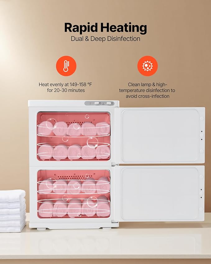VEVOR Hot Towel Warmer, 46L Large Capacity 2-Tier Towel Warmer Cabinet with Clip & 4 Stainless Steel Racks, Holds up 48 Towels, All-Round Heating Cabinet for Spa, Barber, Manicures, Massage, Salon