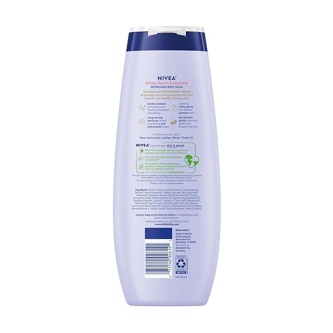 NIVEA Refreshing White Peach and Jasmine Body Wash with Nourishing Serum, Scented Body Wash for Women, Enriched with Provitamin B5 and Vitamin E, 20 Fl Oz Bottle, (Pack of 2)