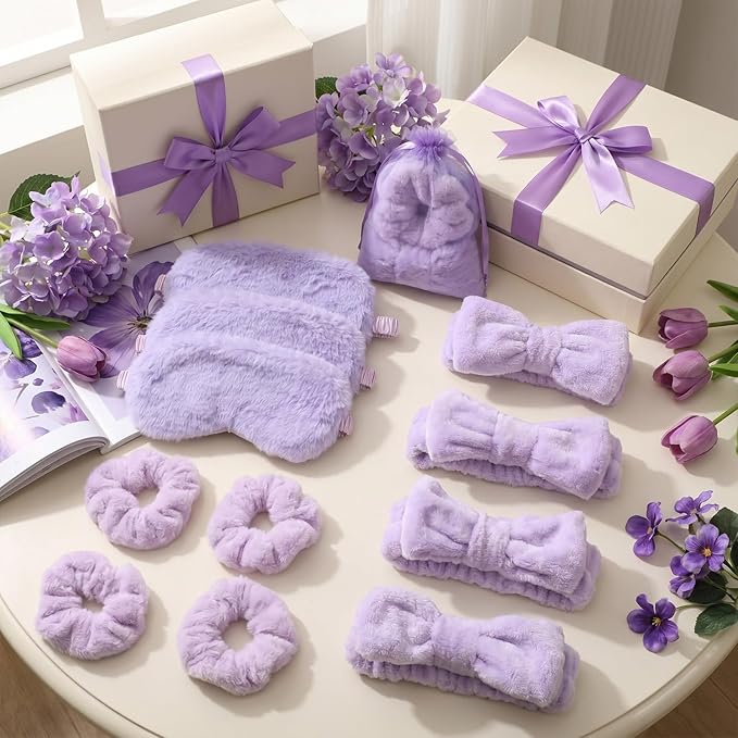 Mimorou 48 Pieces Spa Party Supplies Gift for Mother's Day 12 Spa Headband 12 Plush Sleep Eye Mask 12 Velvet Scrunchies 12 Organza Bags for Sleepover Slumber Party Graduation Gift(Purple)