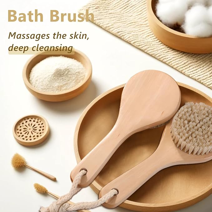 Dry Bath Body Brush with Short Handle, Natural Bristles Back Scrubber, Anti-Slip Wooden Handle for Exfoliation, Blood Circulation, and Cellulite Reduction, Brown