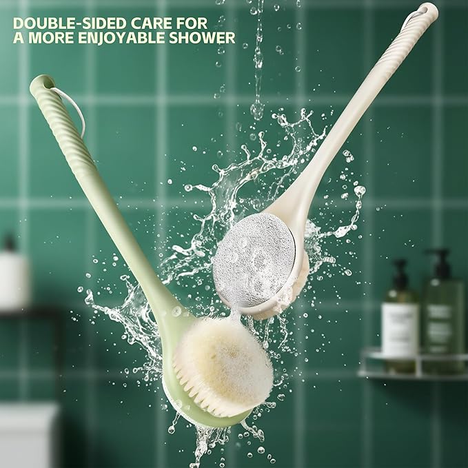 Back Scrubber for Shower, Long Handle Exfoliating Brush, Dual-Sided Bath Brush with Soft Bristles & Volcanic Pumice Stone, Anti-Slip Grip for Men & Women (Light Yellow)