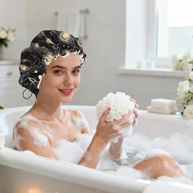 Shower Cap Reusable Double Layer Adjustable Elastic Waterproof EVA Hair Bath Caps for Women Girls Cute Aesthetic-Moon