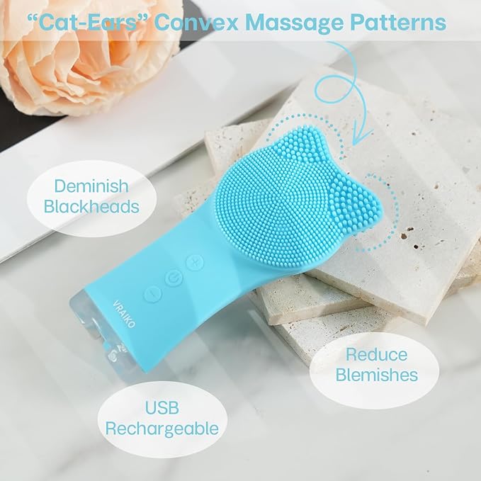 VRAIKO MIA Facial Cleansing Brush, Waterproof Rechargeable Face Cleansing Brush, with Soft Silicone and Adjustable Sonic Vibration, for Deep Cleansing Gentle Exfoliating and Massaging (Blue)