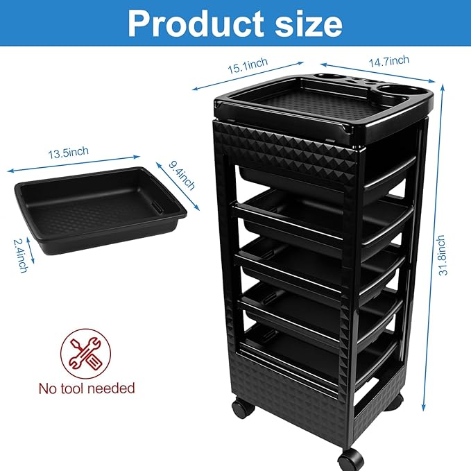 Salon Trolley Cart with 5 Drawers, Beauty Rolling Hair Rack with Worktop, Portable Salon Station for Hair Stylist, Professional Beautician’s Equipment with Wheels for Spa/Tattoo