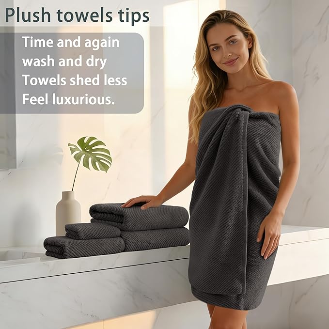 VOOVA & MOVAS Grey Bath Towels (4PC, Large 30"x56") - 100% Cotton | Quick Dry | Light Weight | Thick | Soft | Absorbent, Luxury Hotel Shower Towel, Bath Towel Gift Set, Dark Gray