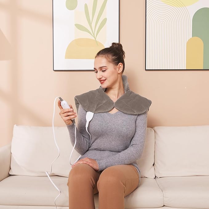 Ruqiji 19" x 24" Weighted Neck&Shoulder Heating Pad, 2.5lbs with 12 Temperature Settings&Countdown Timer,Pain Relief for Neck/Shoulders/Menstrual Pain(Light Tan)