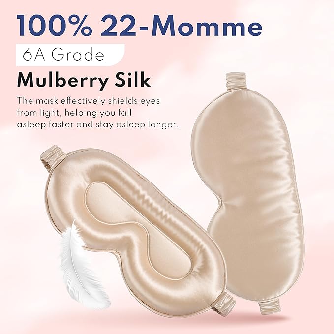 Blissy Silk Sleep Mask Profile - 100% Pure Mulberry Silk 22 Momme 6A Fibers Silk Eye Sleeping Mask for Women & Men for Total Blackout - Blindfold Silk Sleep Mask Side Sleeper Eye Cover (Champagne)