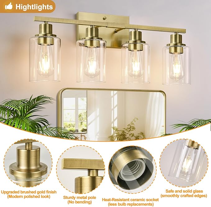 Indoi 4 Light Bathroom Light Fixtures, Brass Vanity Lights for Bathroom with Clear Glass Shades, Modern Bathroom Wall Sconces for Mirror Living Room Cabinet