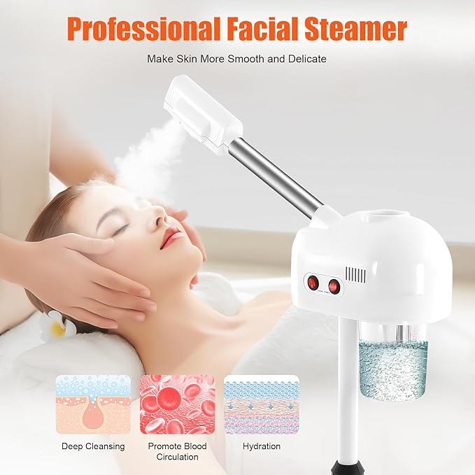 Professional Ozone Facial Steamer on Wheels, Adjustable Height, 360° Rotatable Nozzle, for Home and Salon