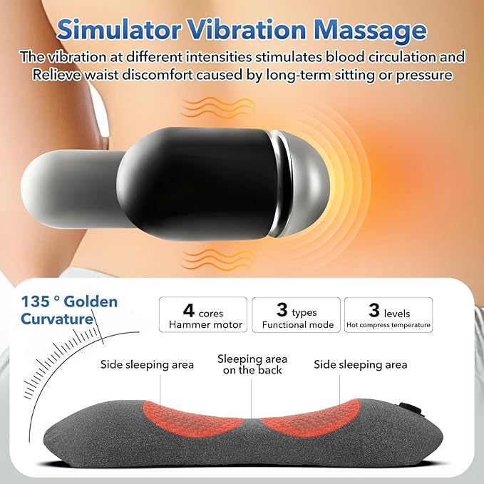 3-in-1 Rechargeable Heated Back Massager, Mothers Day Pillow Gifts for Mom, Electric Lumbar Support Pillow, Relieves Deep Tissue Pain, Lumbar Wedge Cushion