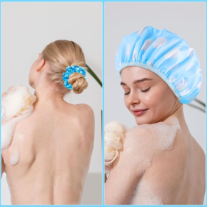WSICSE 2 Packs Large Shower Cap, Waterproof Reusable Shower Cap Double Layers Hat Bath Caps with Hair Scrunchies for Home Spa Salon, blue, yellow