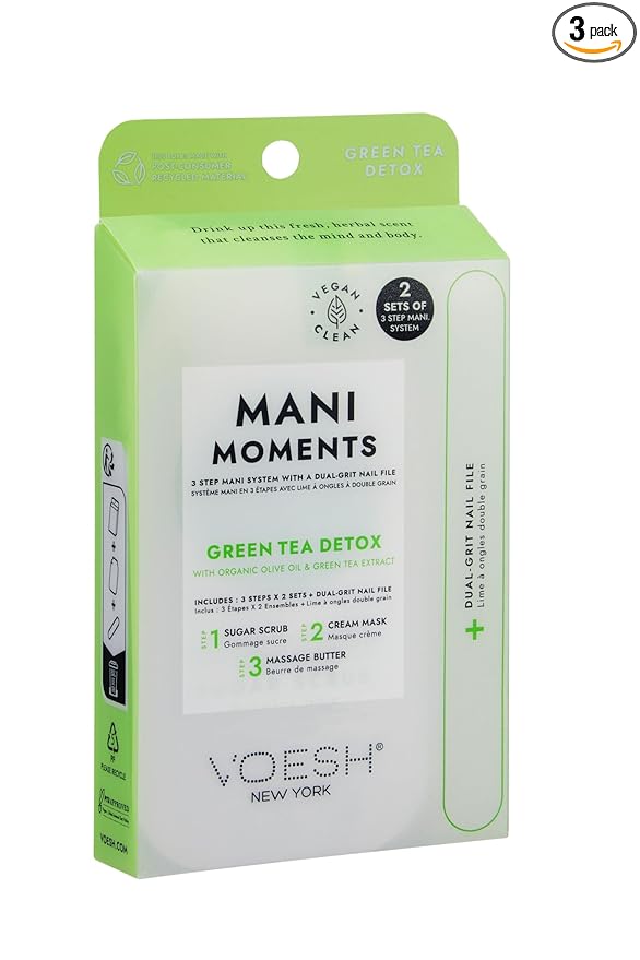 VOESH Mani Moments, Two Sets of Mani in a Box 3 Step + Nail File, Green Tea Detox, Manicure Kit, Hand Care, Nail Supplies, Home Manicure