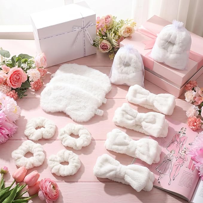 Mimorou 48 Pieces Spa Party Supplies Gift for Mother's Day 12 Spa Headband 12 Plush Sleep Eye Mask 12 Velvet Scrunchies 12 Organza Bags for Sleepover Slumber Party Graduation Gift(White)
