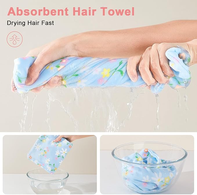 Unicorn Castle Microfiber Hair Towel for Kids 2Pack Hair Wrap Towels Absorbent Hair Drying Towel Wrap Hair Turbans for Curly Thick Hair,Purple Blue Flower