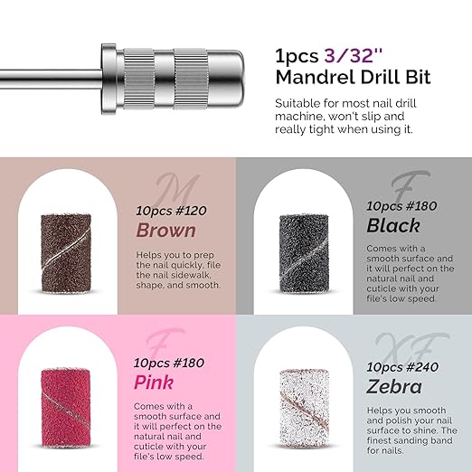 MelodySusie Nail Drill Bits, 10Pcs Diamond Sanding Bit Set with 40pcs Sanding Bands (#120#180#240 Grits) with 6.65mm Mandrel Bit, Nail Gel Polish Remover Tool for Acrylic Nails Manicure Nail Prep