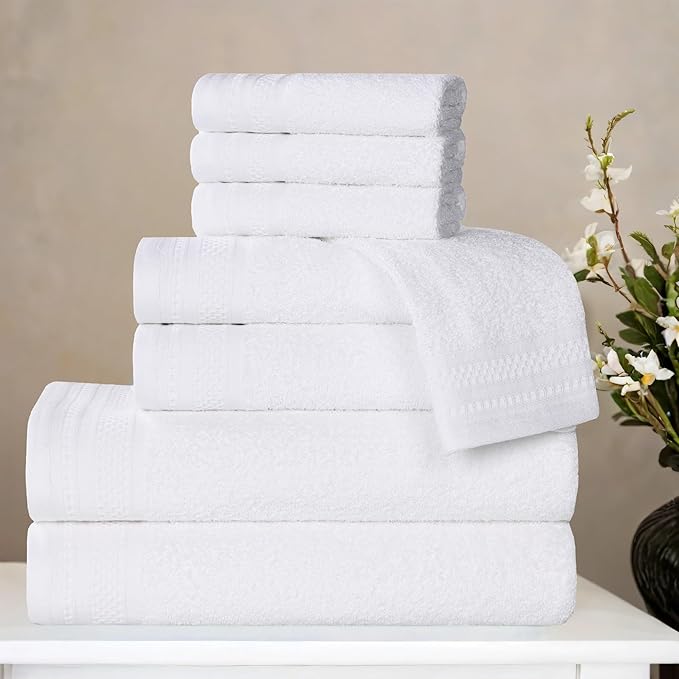 Superior Honeycomb Cotton Medium Weight Towels, for Guest Bath, Master Bathroom, Shower, Quick Dry, Adults, Home Essentials, Textured Waffle Border, Assorted Towel Set, 8 Piece Towel Set, White