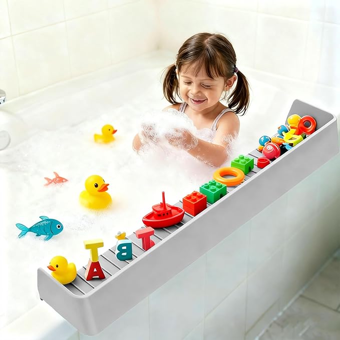 Bathtub Splash Guard for Kids,2.6 FT Silicone Bathtub Play Shelf with 11 Suction Cups, Bath Tub Ledge Shelf for Kids, Prevents Water Spills in Bathroom (Grey)