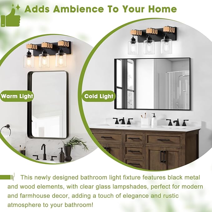 Licperron Farmhouse 3-Lights Wood Bathroom Vanity Light, Rustic Black Bathroom Light Fixtures Over Mirror, Vintage Vanity Wall Sconce Light with Clear Glass Shades for Living Room, Bedroom, Hallway