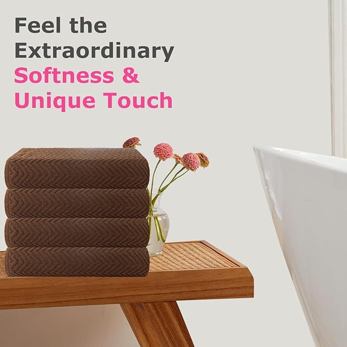 CASA COPENHAGEN EcoWave 4Pcs 100% Cotton Large Designer Towels Gift Set- Toffee, 55"x27", 4Bath Towels for Bathroom (Box Pack, Set for Women & Men)