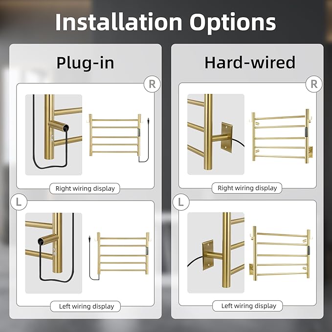 P&Dlusir Towel Warmer, Heated Towel Rack with Smart Timer and Thermo Control, Wall-Mounted Heated Towel Rail, Stainless Steel, Hard-Wired/Plug-in, Brushed Gold, 5 bar
