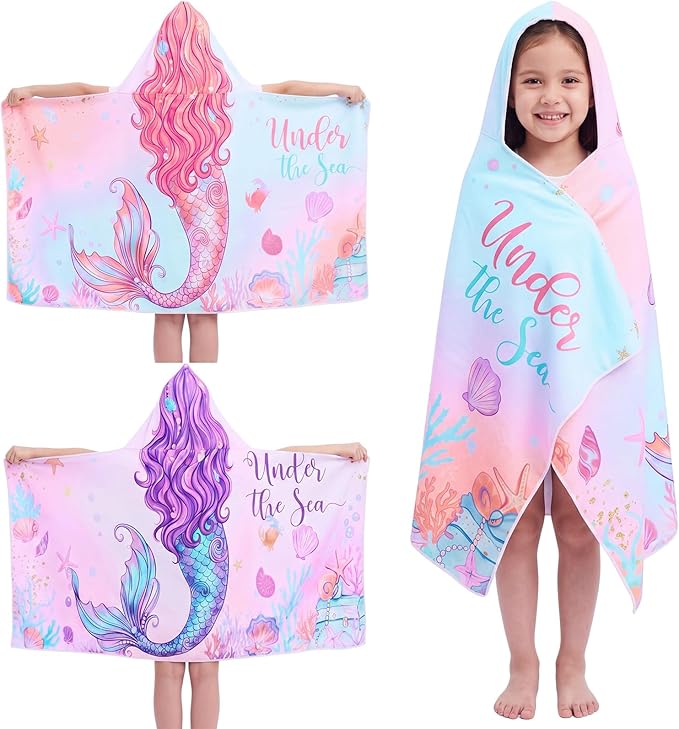 Peryiter 2 Pcs Mermaid Hooded Beach Towel Quick Dry Towels Swimming Bath Shower Pool Travel Trips Vacations Absorbent Soft Beach Blanket