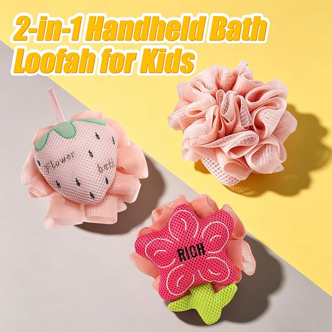 Kids Loofah, Cute Cartoon Animal Kids Bath Sponge with Hanging Rope, Soft Double Mesh for Rich Lather (Money Flower)