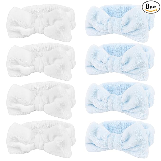 8 Pack Spa Headband for Washing Face Stocking Stuffers Skincare Headbands Bulk for Women Girls Soft Coral Fleece Hairband Cute Bow Headbands for Washing Face Makeup
