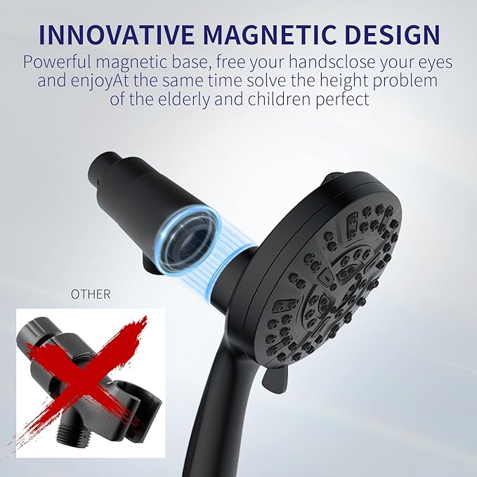 Filtered Shower Head with Handheld - 9 Spray Modes High Pressure Handheld Shower with Filter Spray Combo, Magnetic Shower Heads, With 60-Inch Long Hose（Matte black）