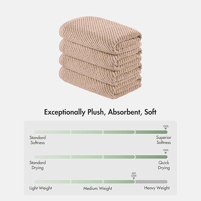 Madison Park 4-Piece Hand Towel Set for Bathroom 18" x 28" Diagonal Ribbed, Beige - 100% Cotton Soft Quick Dry & Absorbent Gift | Zero Twist, 500 GSM, Oeko-TEX, Hotel Quality