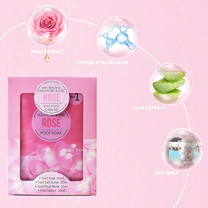 Rose Jelly Pedicure Kit Foot Soak Set - Foot Spa Soak Salt Scrub Intensive Softening Exfoliating Moisturizing,Mud Mask,Urea Cream Lotion for Women and Men,Spa Gift for Pedicure