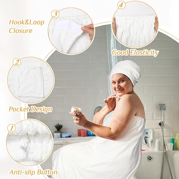 Tigeen Plus Size Towel Wrap for Women Spa Robe Set with Shower Hair Drying Turban Cap Towel Headband Adjustable Bathrobe