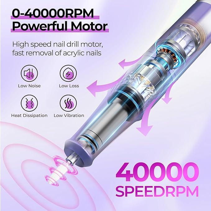 JOSGLOI Electric Nail Drill Professional: 40000RPM Electric Nail File Kit E File Nail Drill Machine with LCD Display for Acrylic Gel Nail, Manicure Pedicure Polishing Nail Grinder for Salon Home Use