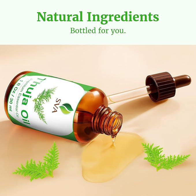 SVA Thuja Essential Oil – 1 Fl Oz – 100% Natural Thuja Oil - for Diffuser, Hair Care, Face, Skin Care, Aromatherapy, Scalp and Body Massage, Soap and Candle Making - with Dropper