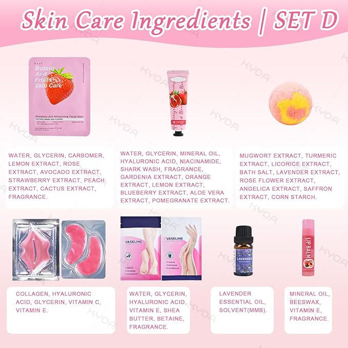 KYDA 78PCS SPA Party Supplies, Face Mask, Hand Cream, Lip Balm, Under Eye Patches, Lip Mask, Foot Bath Bomb, Essential Oil, Hand Mask, Foot Mask and Hair Band, Spa Birthday Sleepover Party Supplies