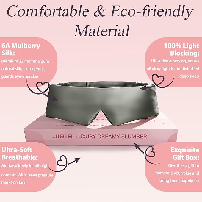 Silk Sleep Eye Mask for Side Sleeper Men Women, Eye Mask Sleeping 100% 22 Momme Pure Mulberry Silk for Night Sleep, Travel, Face-Hugging Padded Eye Cover for Sleeping with Adjustable Band-Grey