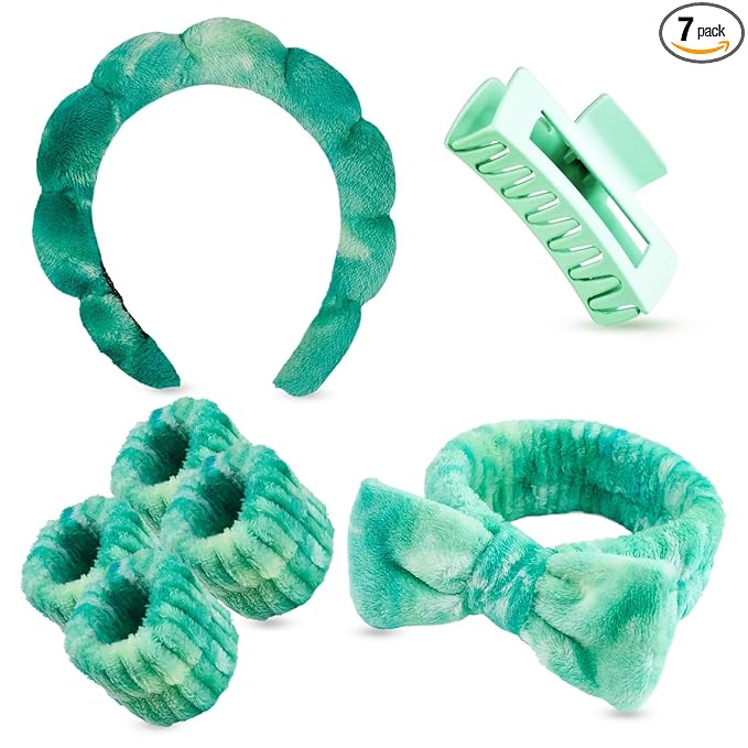 7 Pcs Spa Set, Facial Headband and Wristband Set, Skincare Accessories, College Style Girl Idea Gifts, Hair Accessories for Women and Girls (Tie Dye Green