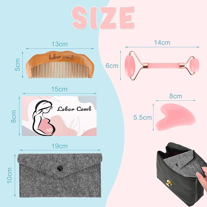 Birthing Comb for Labor Pain and Gua Sha Facial Tools, Post Partum/Home Delivery Essentials, Pregnancy/Birth/Hospital Bag Must Haves, Jade Roller Stone Massager,Gifts for Expecting Mom Women (Pink)