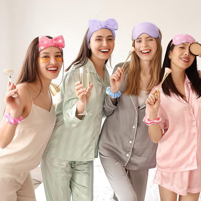 Kajaia 48 Pcs Sleepover Party Supplies for Girls Slumber Party Supplies for Women Spa Headband Favor Mask Scrunchies Bag(Macaron,Sweet)