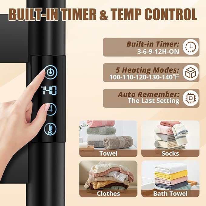 R FLORY Heated Towel Rack for Bathroom, 6 Bar Wall Mounted Towel Warmer Racl Flat with Timer & Temperature, Electric Towel Heater with LED Display Screen, Plug-in,Matte Black