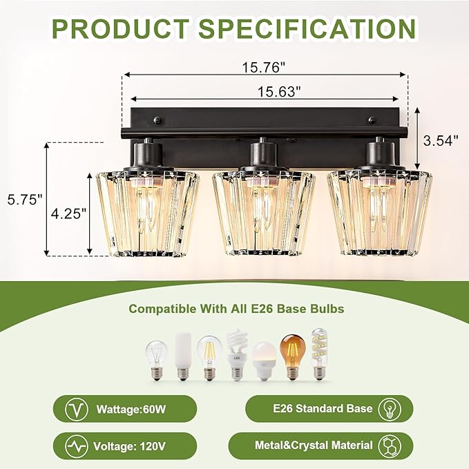Bathroom Light Fixtures, 3-Light Vanity Light with 3 E26 Bulbs, Modern Crystal Bathroom Lighting Fixtures Over Mirror, Vanity Lights for Bathroom Living Room Hallway Kitchen
