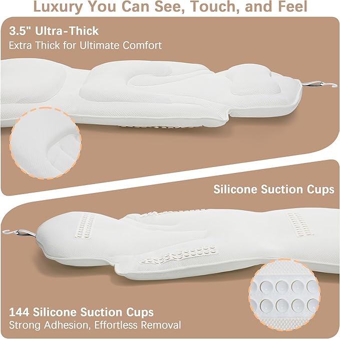 Ergonomic Full Body Bath Pillow for Bathtub, 5D Luxury Spa Cushion with 114 Non-Slip Suction Cups, Extra Long Thick Bath Pillow for Full Body Support, for Adult with Laundry Bag & Hook