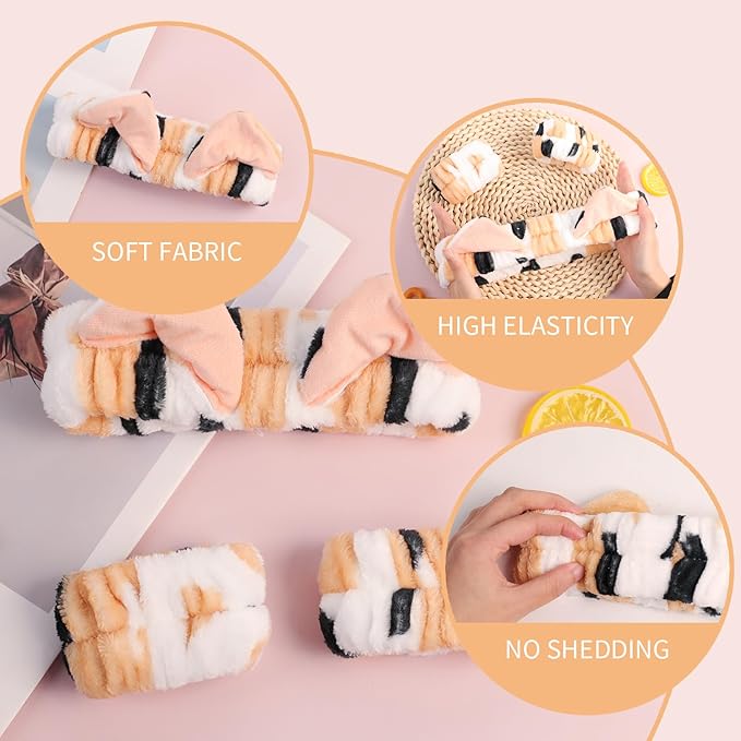 PERFECTSIGHT 2 Pack Cute Animal Headbands for Makeup Wash Shower Adjustable Elastic Hair Band for Girls and Women (Leopard Cat Ear)