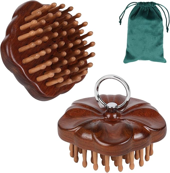 Wooden Massage Massager for Hair Growth,Head Scalp Comb,Manual Body Relax Massage Tool,Hair Brush Massager,Flower Design with Ring (54PCS Thin Tooth)
