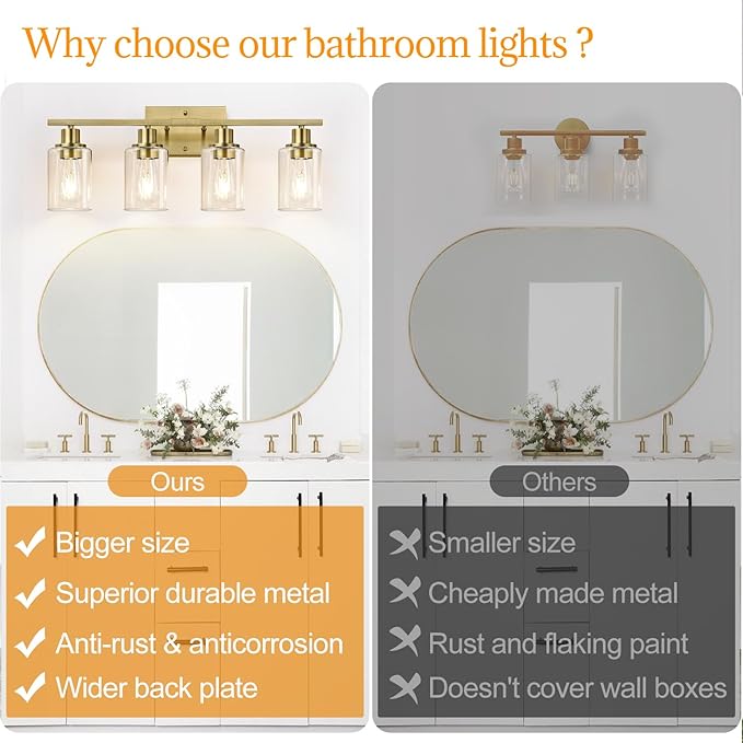 Indoi 4 Light Bathroom Light Fixtures, Brass Vanity Lights for Bathroom with Clear Glass Shades, Modern Bathroom Wall Sconces for Mirror Living Room Cabinet