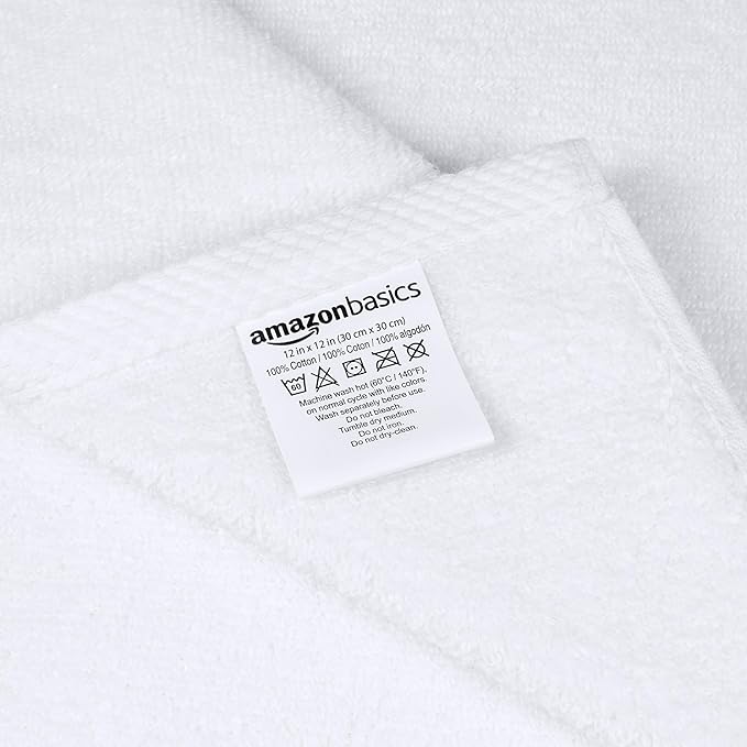 Amazon Basics Cotton Washcloths, Lightweight Quick-Dry, Absorbent Face and Body Towel Set, 12" x 12", White, 12-Pack